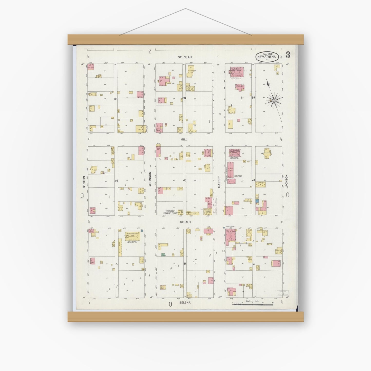 Old map wall art mockup — magnetic wood frame on white wall — Sanborn Fire Insurance Map from New Athens, Saint Clair County, Illinois (1900), Sheet #0003