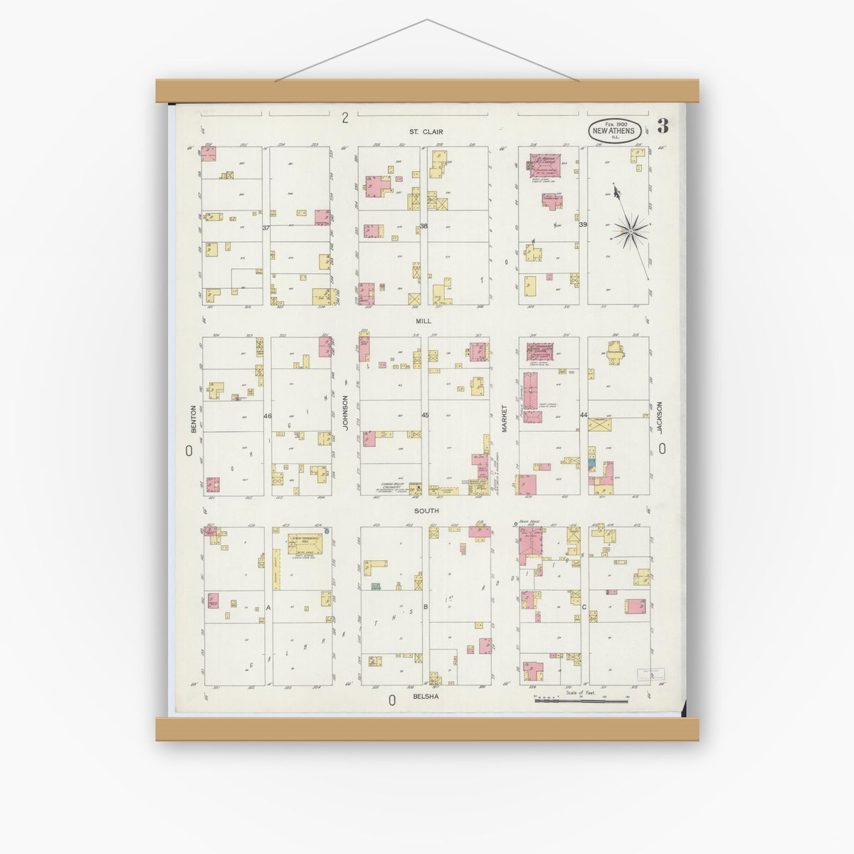 Old map wall art mockup — magnetic wood frame on white wall — Sanborn Fire Insurance Map from New Athens, Saint Clair County, Illinois (1900), Sheet #0003
