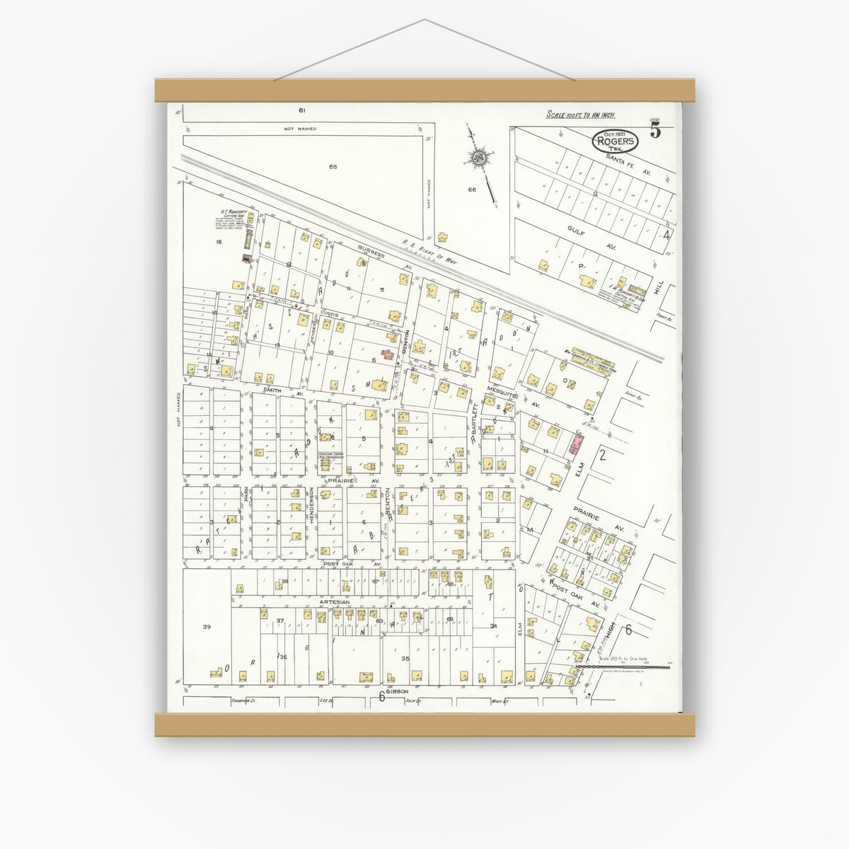Old map wall art mockup — magnetic wood frame on white wall — Sanborn Fire Insurance Map from Rogers, Bell County, Texas (1921), Sheet #0005