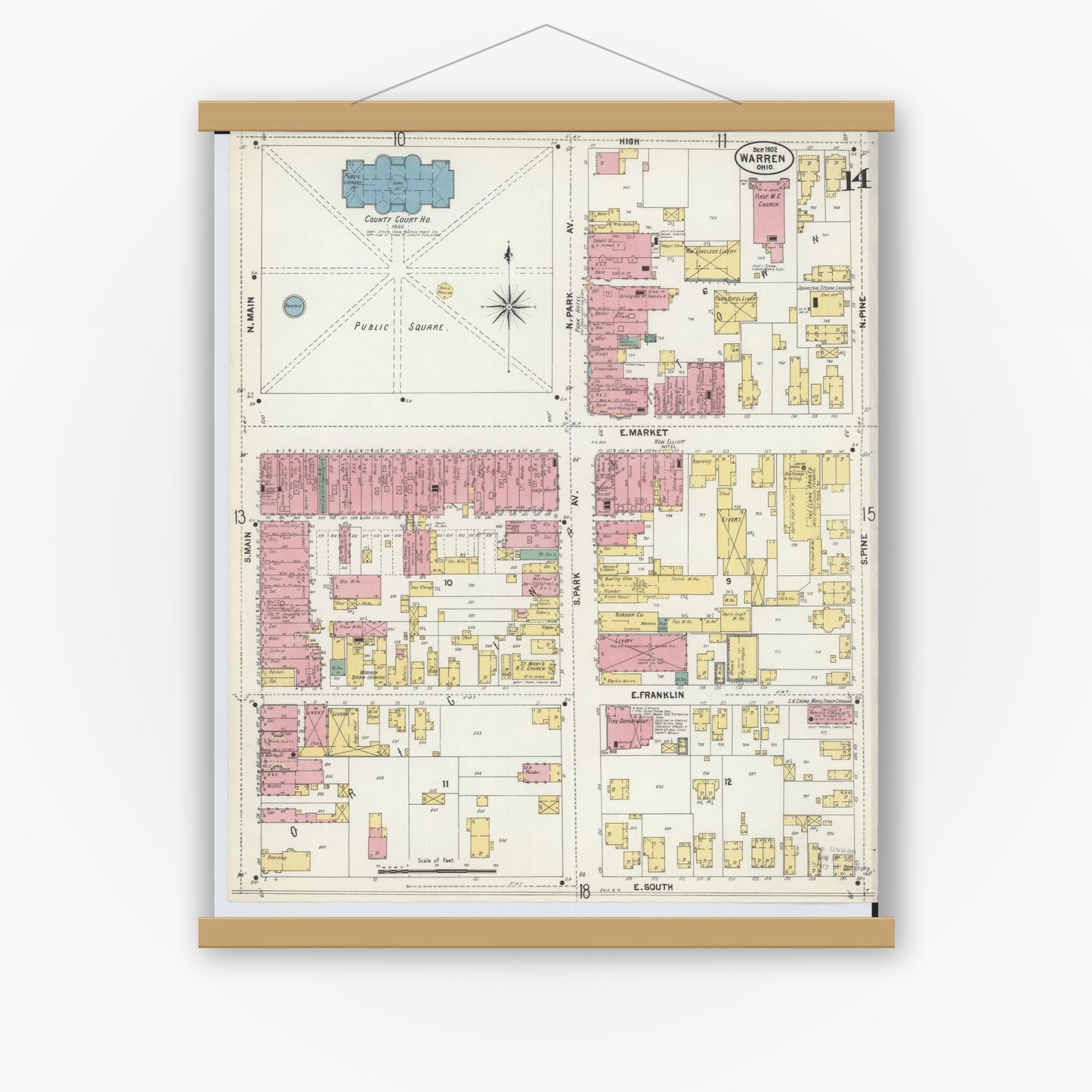 Old map wall art mockup — magnetic wood frame on white wall — Sanborn Fire Insurance Map from Warren, Trumbull County, Ohio (1902), Sheet #0014