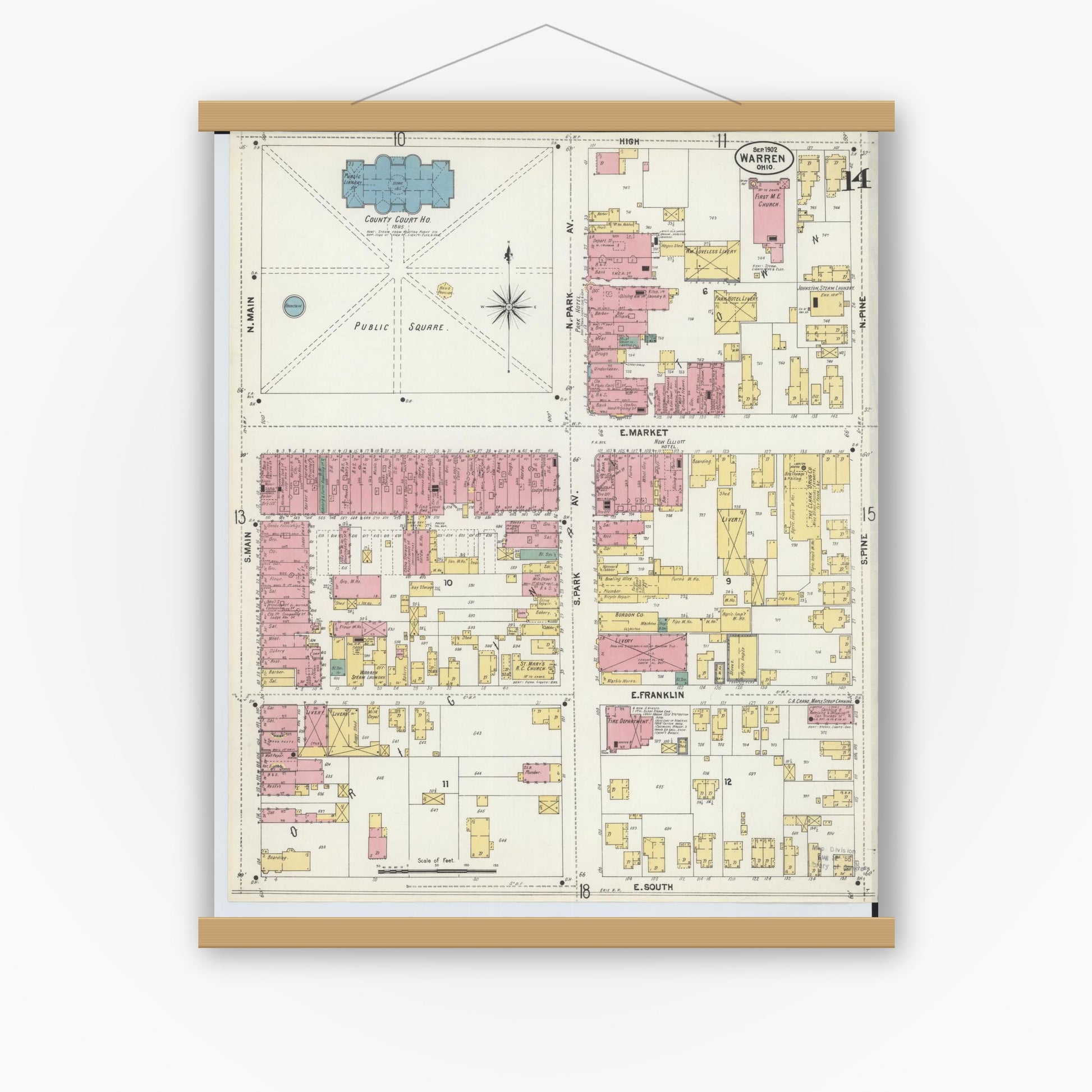 Old map wall art mockup — magnetic wood frame on white wall — Sanborn Fire Insurance Map from Warren, Trumbull County, Ohio (1902), Sheet #0014