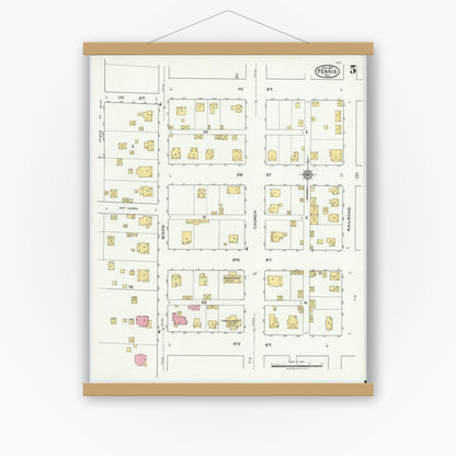 Old map wall art mockup — magnetic wood frame on white wall — Sanborn Fire Insurance Map from Ferris, Ellis County, Texas (1921), Sheet #0005