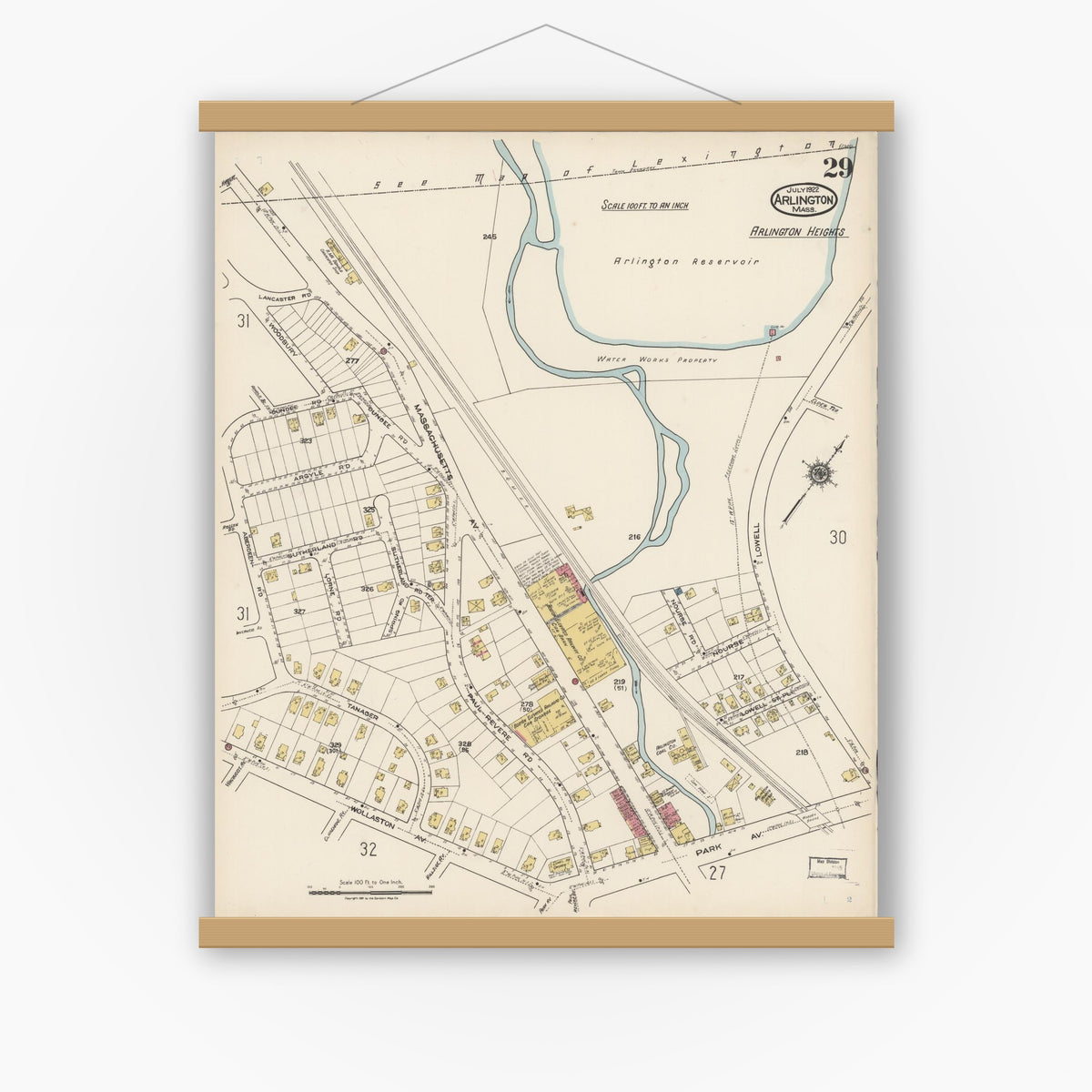 Old map wall art mockup — magnetic wood frame on white wall — Sanborn Fire Insurance Map from Arlington, Middlesex County, Massachusetts (1922), Sheet #0029