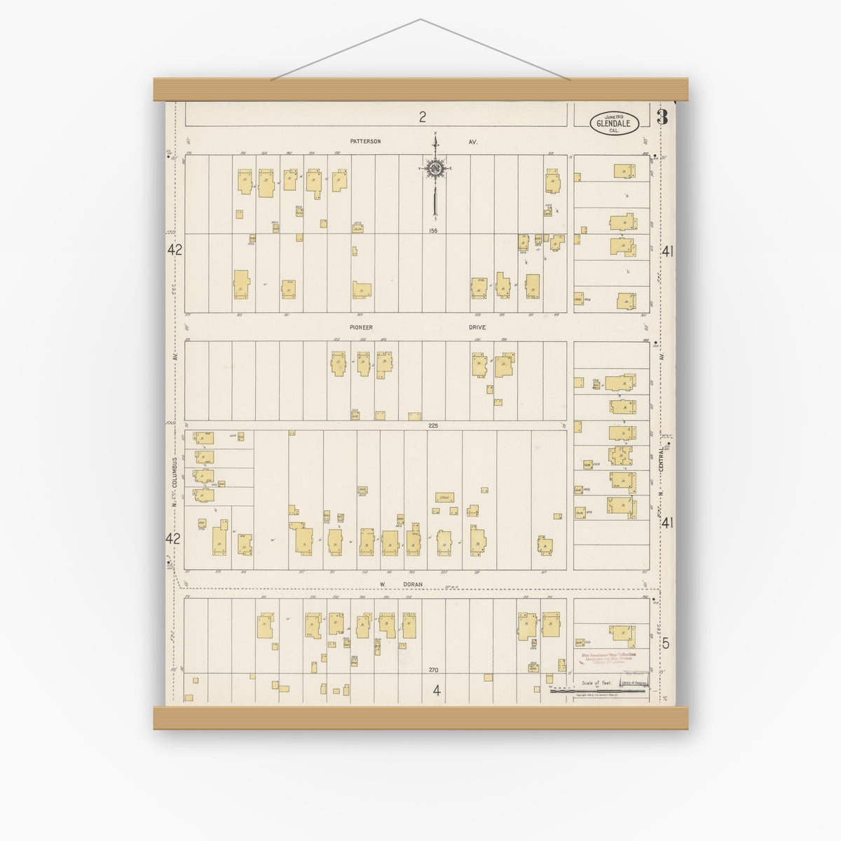 Old map wall art mockup — magnetic wood frame on white wall — Sanborn Fire Insurance Map from Glendale, Los Angeles County, California (1919), Sheet #0003