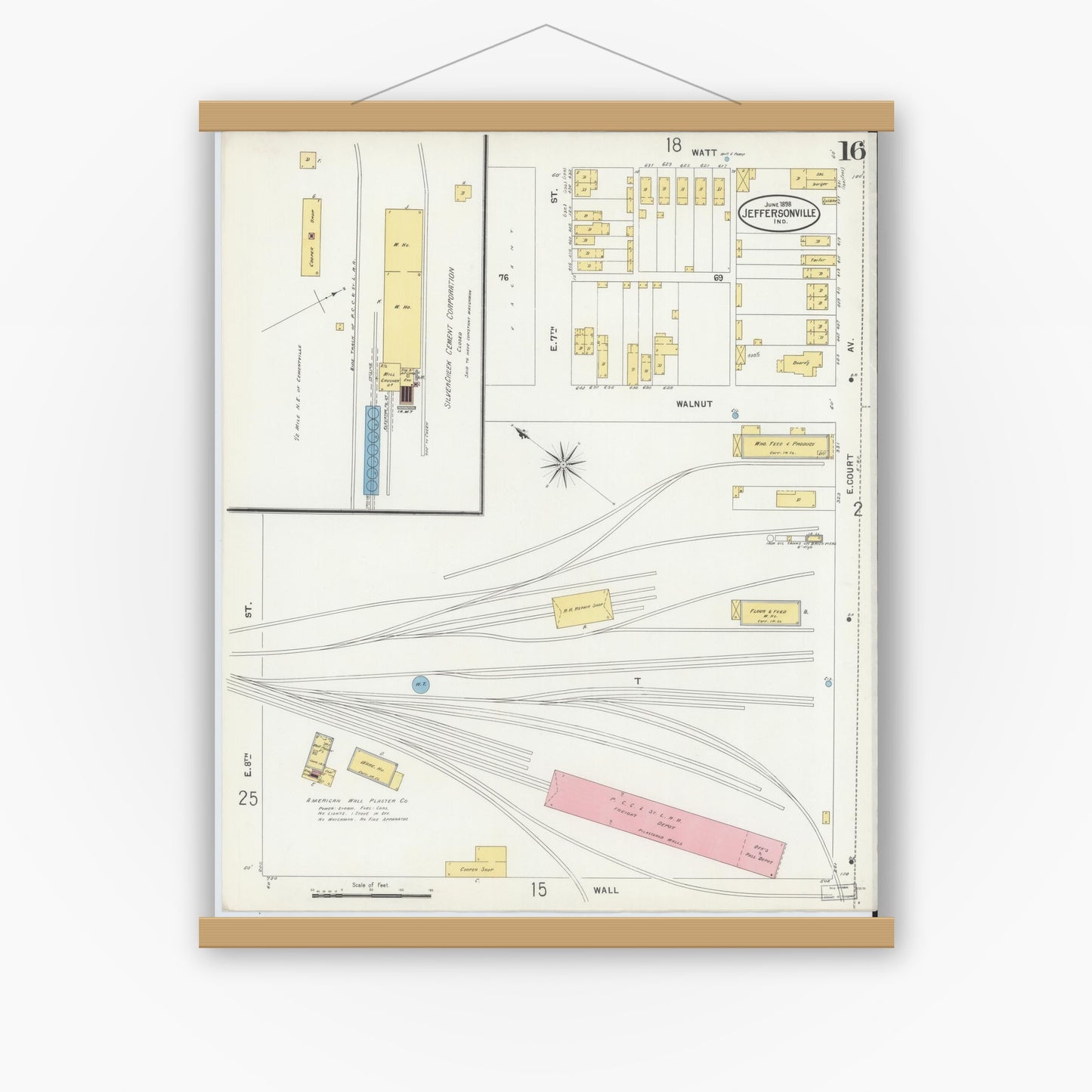 Old map wall art mockup — magnetic wood frame on white wall — Sanborn Fire Insurance Map from Jeffersonville, Clark County, Indiana (1898), Sheet #0016