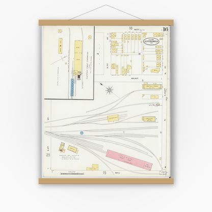 Old map wall art mockup — magnetic wood frame on white wall — Sanborn Fire Insurance Map from Jeffersonville, Clark County, Indiana (1898), Sheet #0016