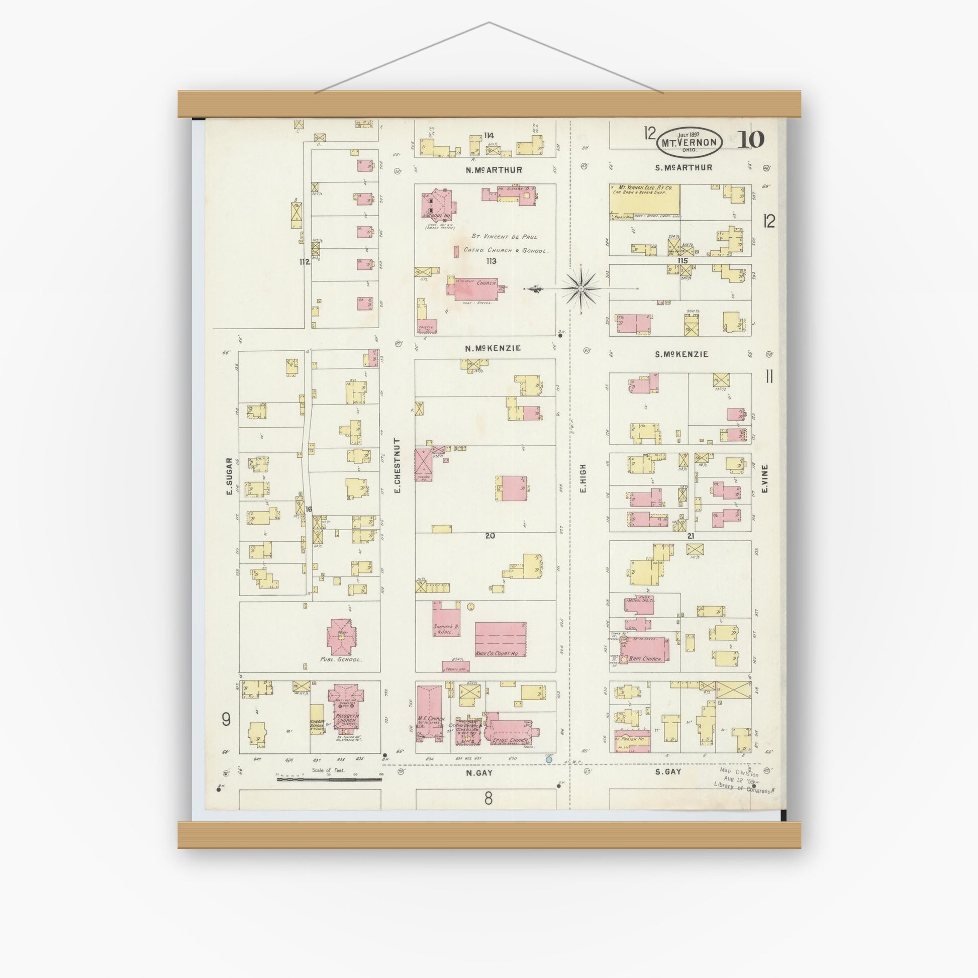 Old map wall art mockup — magnetic wood frame on white wall — Sanborn Fire Insurance Map from Mount Vernon, Knox County, Ohio (1897), Sheet #0010