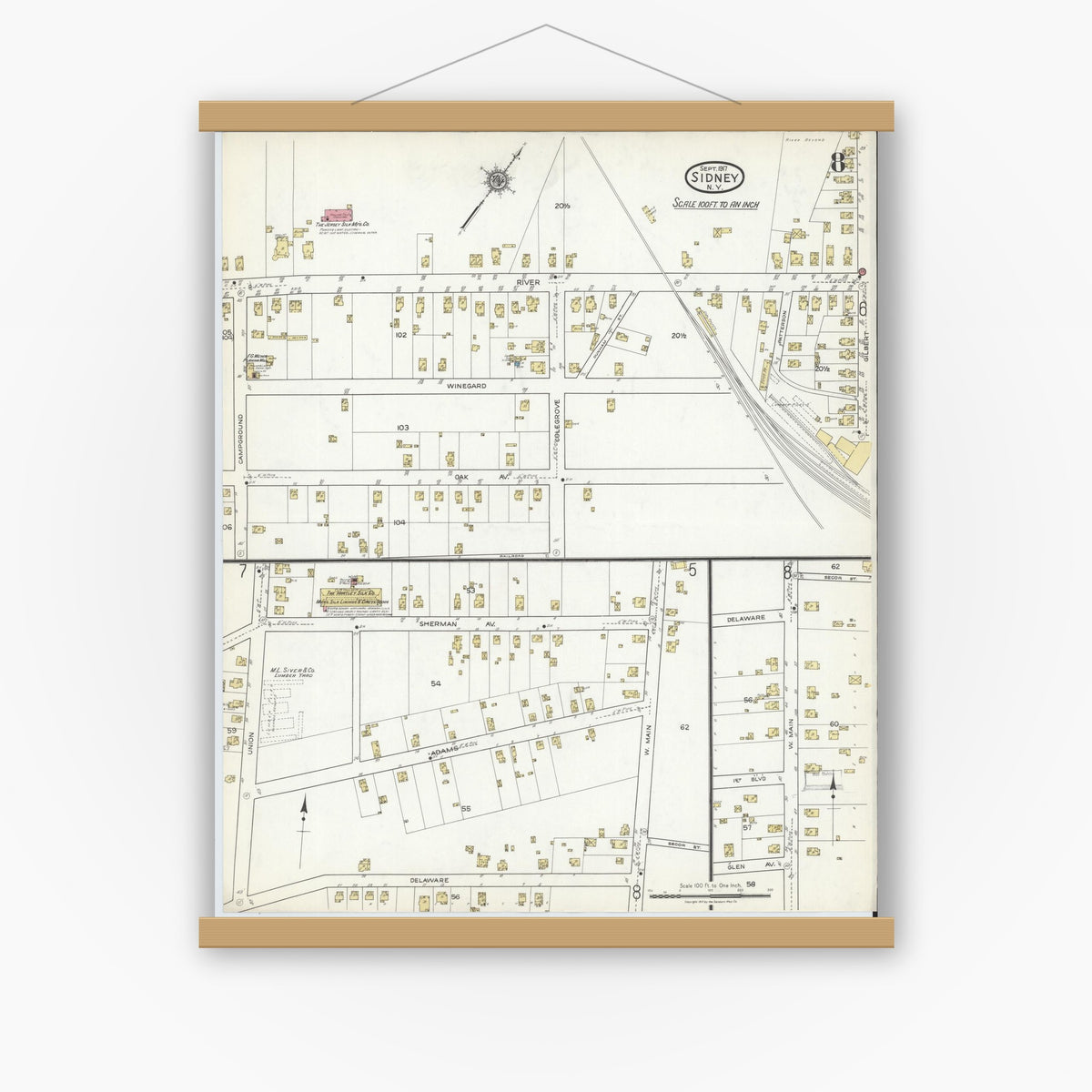 Old map wall art mockup — magnetic wood frame on white wall — Sanborn Fire Insurance Map from Sidney, Delaware County, New York (1917), Sheet #0008