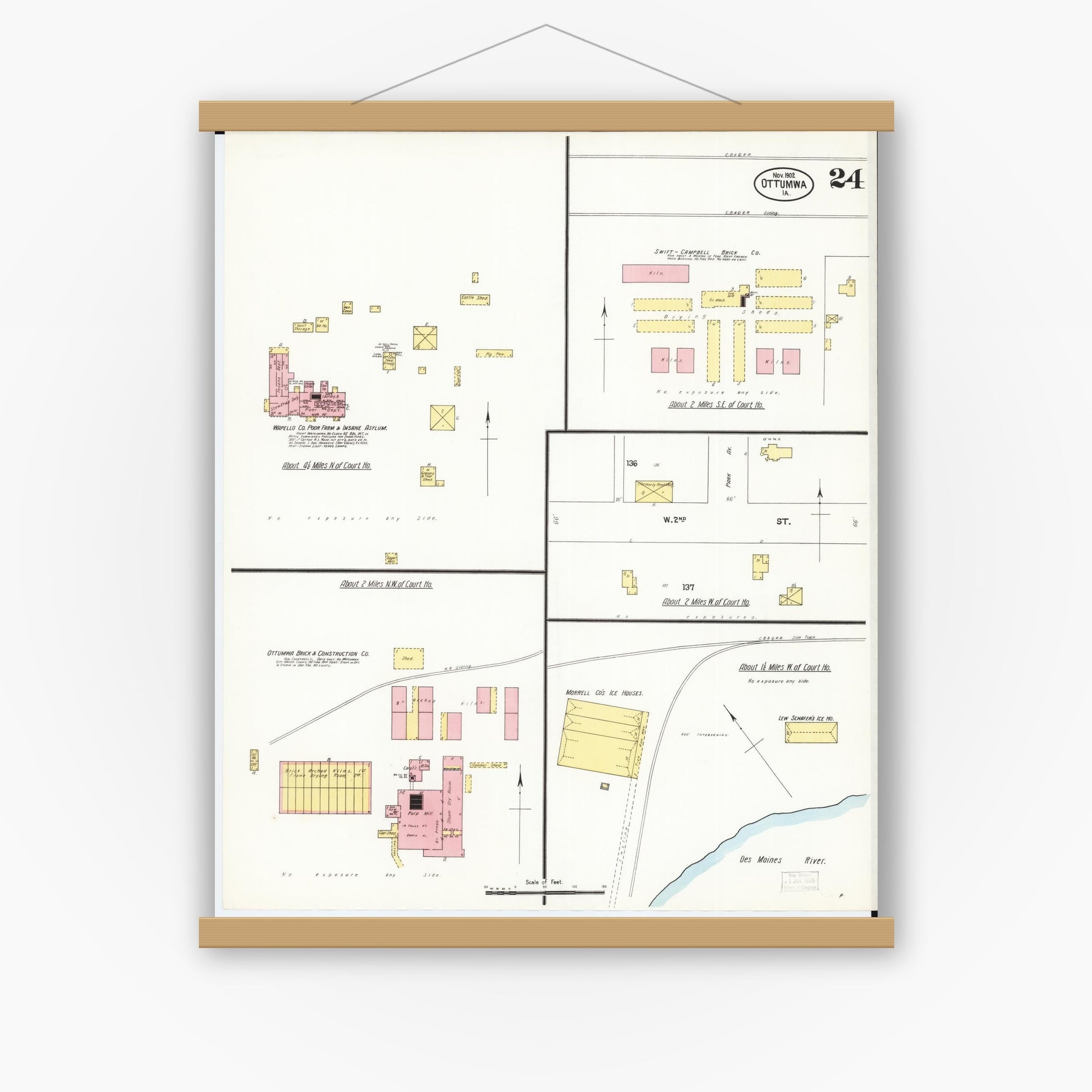 Old map wall art mockup — magnetic wood frame on white wall — Sanborn Fire Insurance Map from Ottumwa, Wapello County, Iowa (1902), Sheet #0024