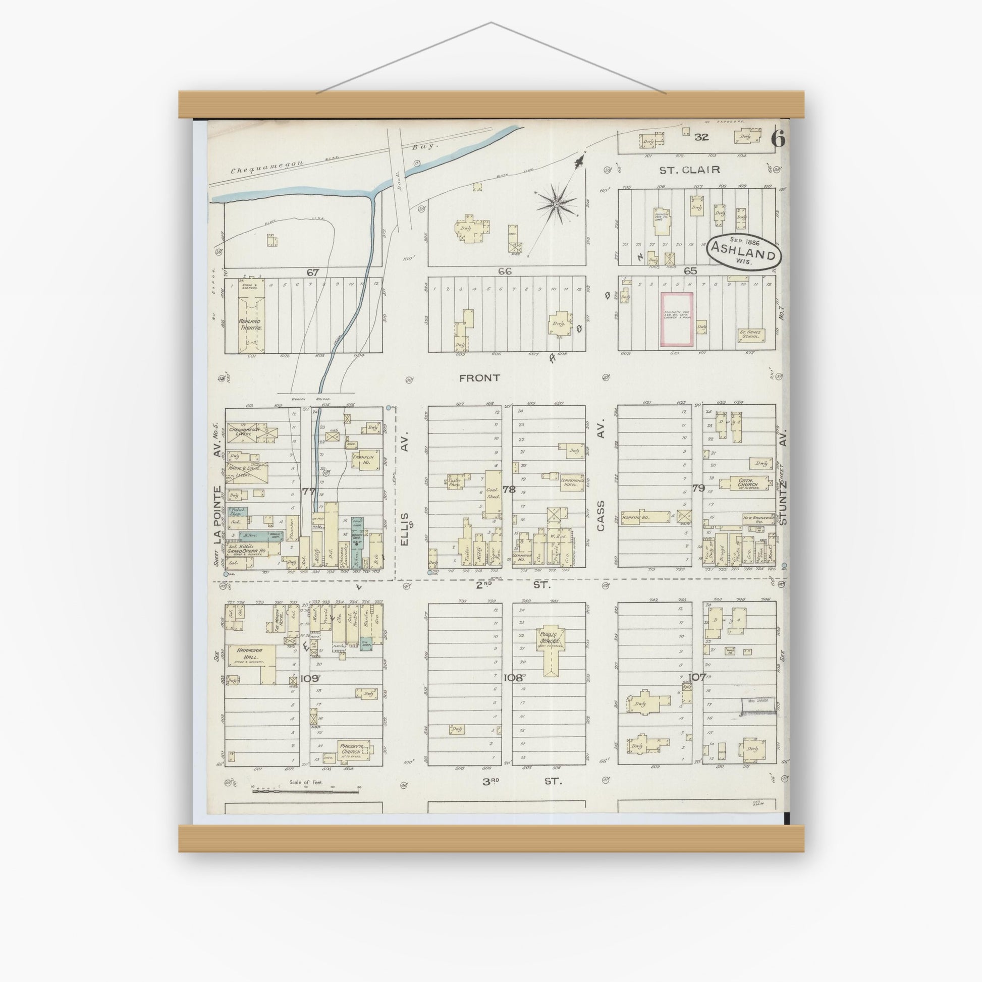 Old map wall art mockup — magnetic wood frame on white wall — Sanborn Fire Insurance Map from Ashland, Ashland County, Wisconsin (1886), Sheet #0006