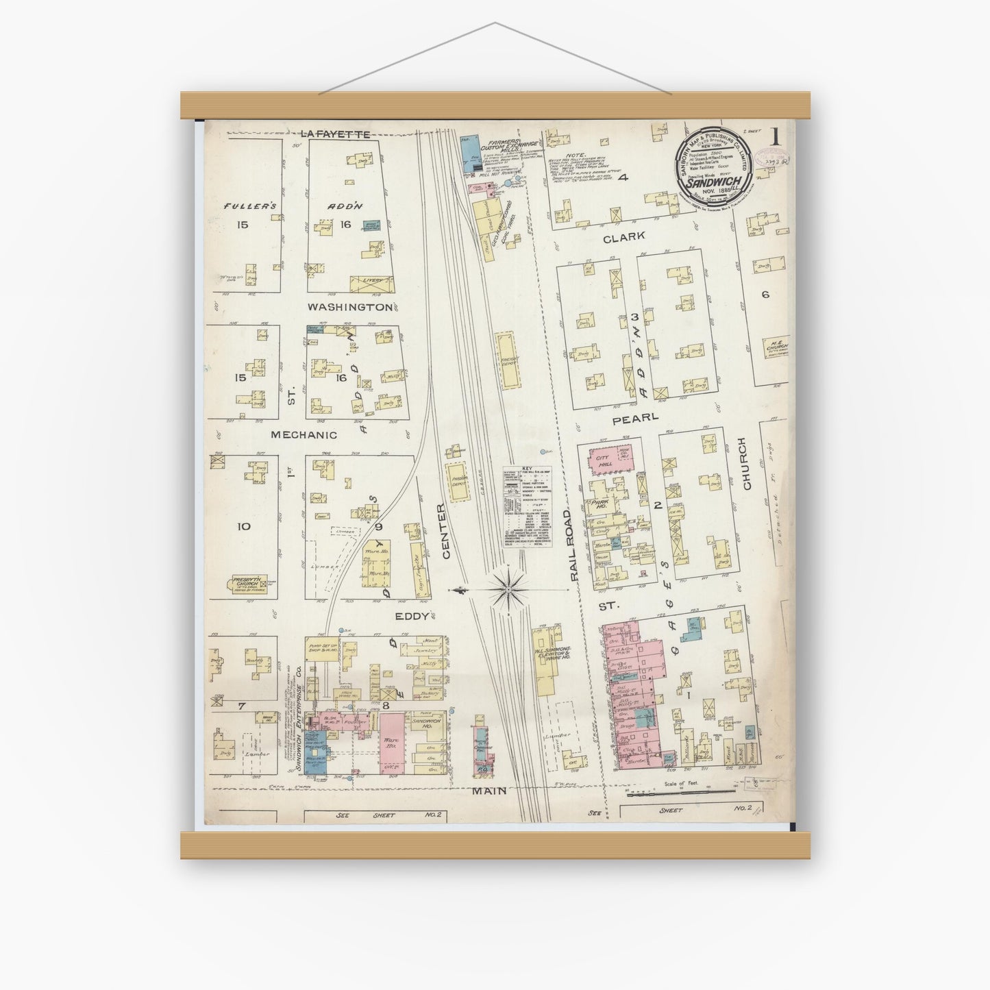 Old map wall art mockup — magnetic wood frame on white wall — Sanborn Fire Insurance Map from Sandwich, De Kalb County, Illinois (1885), Sheet #0001