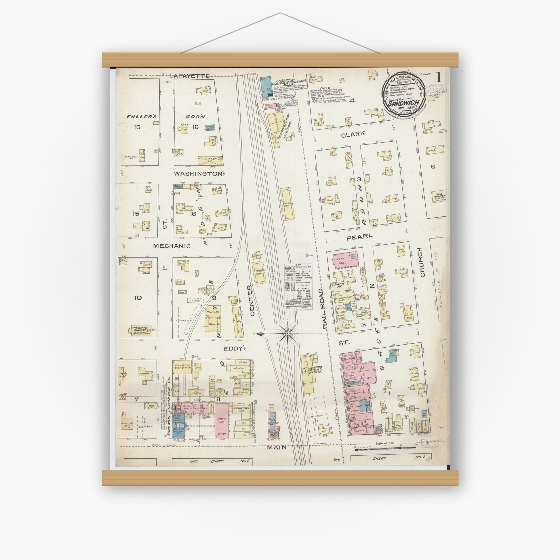 Old map wall art mockup — magnetic wood frame on white wall — Sanborn Fire Insurance Map from Sandwich, De Kalb County, Illinois (1885), Sheet #0001