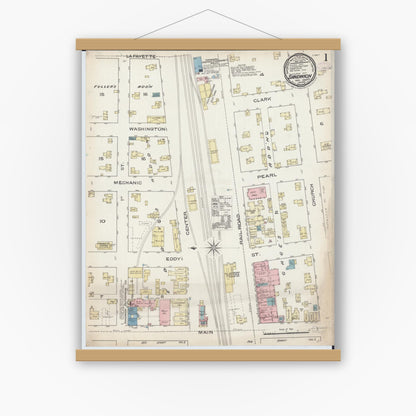 Old map wall art mockup — magnetic wood frame on white wall — Sanborn Fire Insurance Map from Sandwich, De Kalb County, Illinois (1885), Sheet #0001