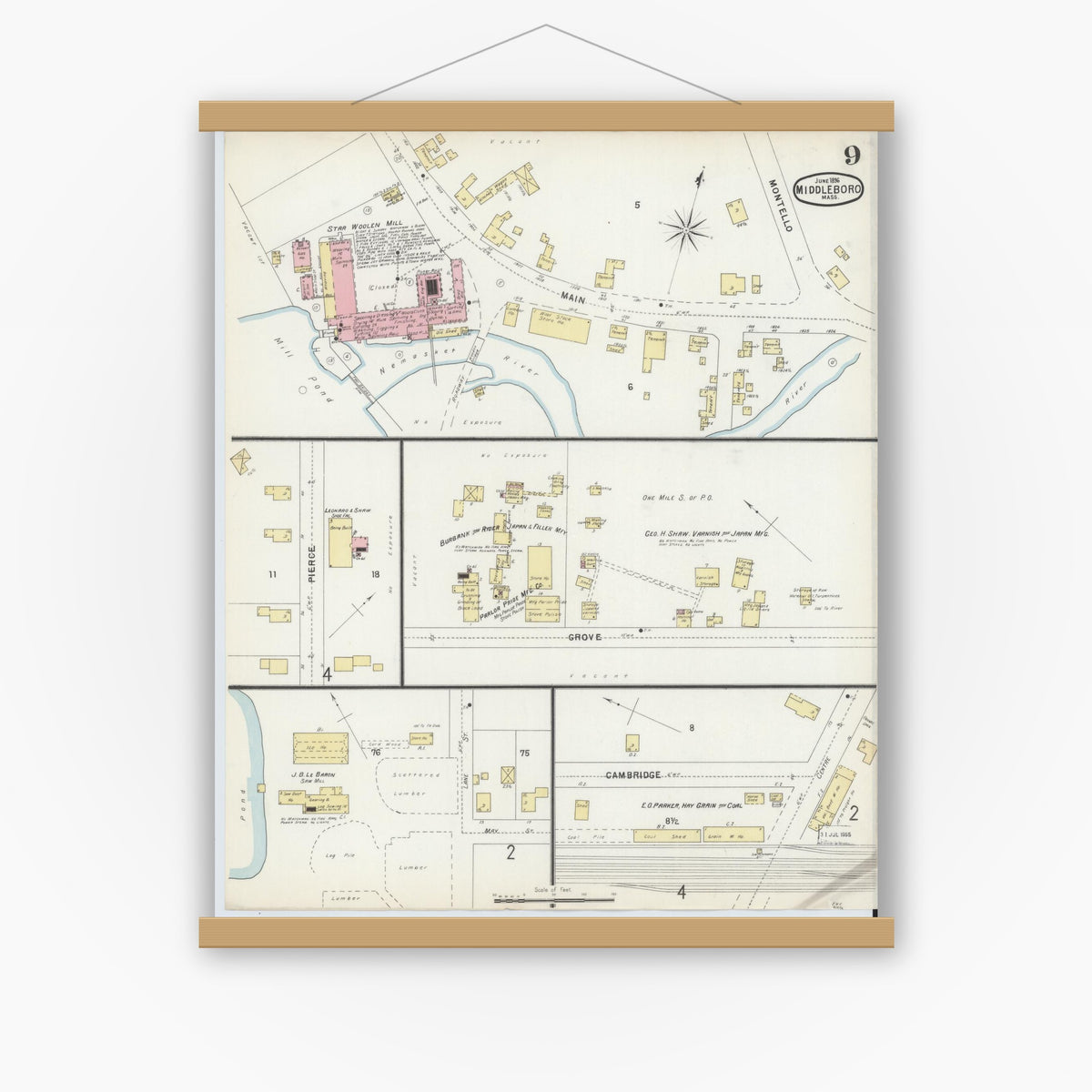 Old map wall art mockup — magnetic wood frame on white wall — Sanborn Fire Insurance Map from Middleboro, Plymouth County, Massachusetts (1896), Sheet #0009