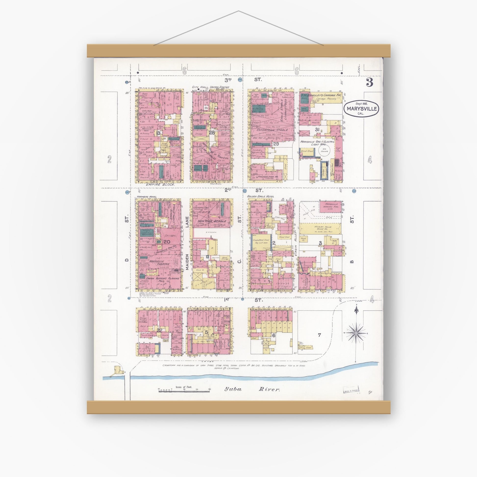 Old map wall art mockup — magnetic wood frame on white wall — Sanborn Fire Insurance Map from Marysville, Yuba County, California (1895), Sheet #0003