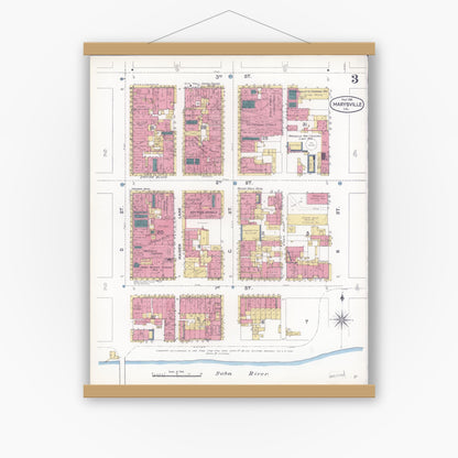 Old map wall art mockup — magnetic wood frame on white wall — Sanborn Fire Insurance Map from Marysville, Yuba County, California (1895), Sheet #0003