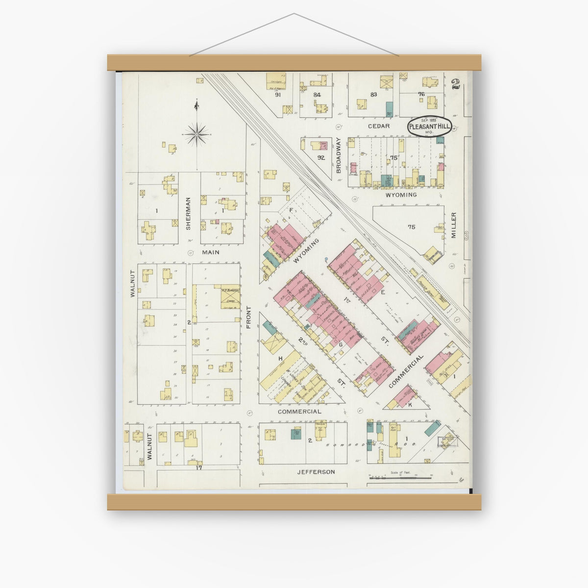 Old map wall art mockup — magnetic wood frame on white wall — Sanborn Fire Insurance Map from Pleasant Hill, Cass County, Missouri (1893), Sheet #0002