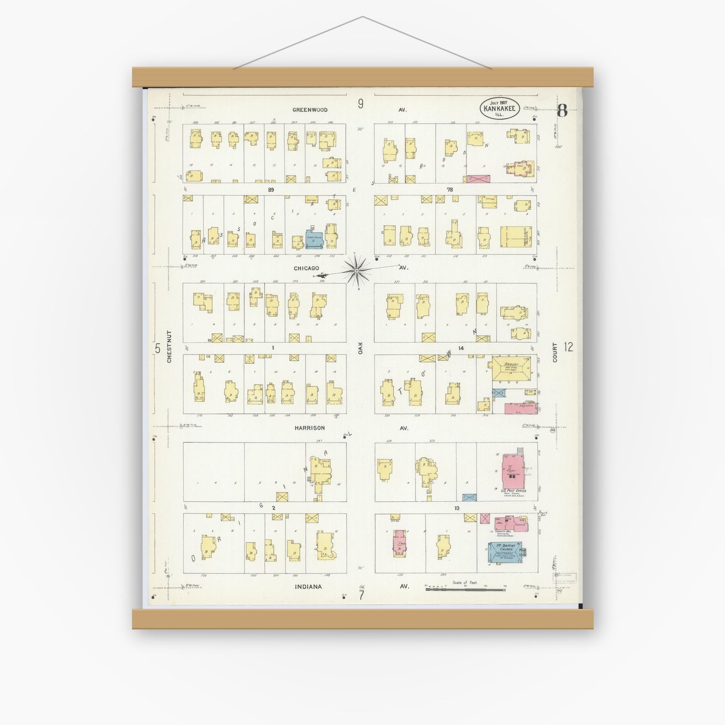 Old map wall art mockup — magnetic wood frame on white wall — Sanborn Fire Insurance Map from Kankakee, Kankakee County, Illinois (1907), Sheet #0008