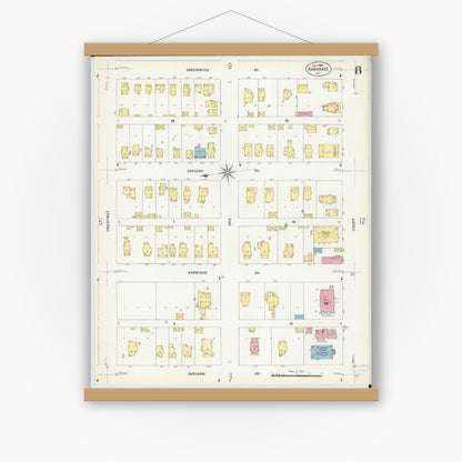 Old map wall art mockup — magnetic wood frame on white wall — Sanborn Fire Insurance Map from Kankakee, Kankakee County, Illinois (1907), Sheet #0008