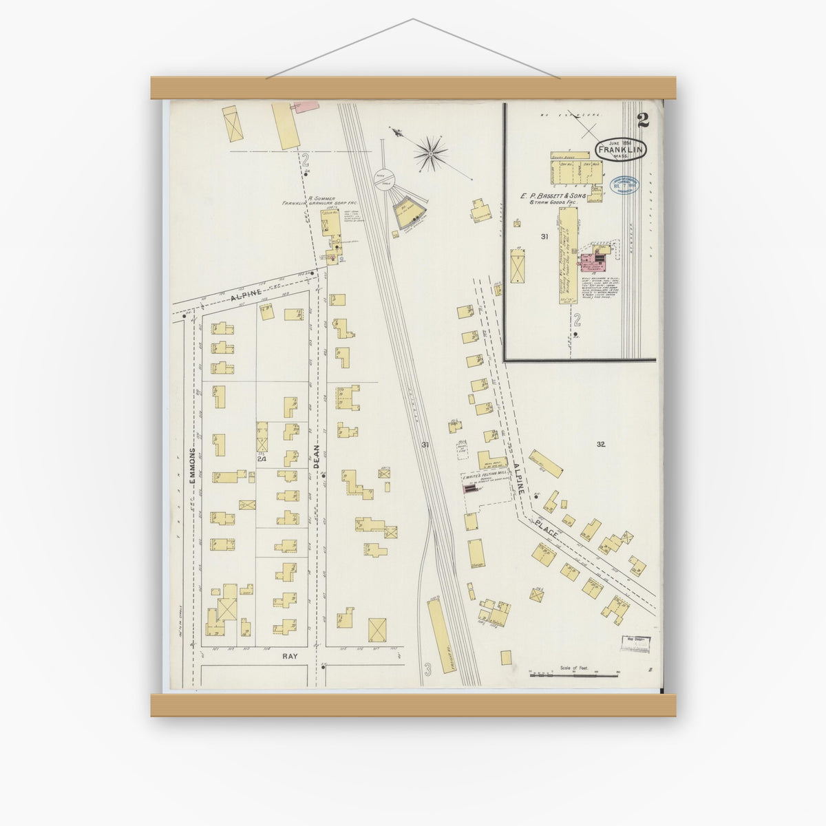 Old map wall art mockup — magnetic wood frame on white wall — Sanborn Fire Insurance Map from Franklin, Norfolk County, Massachusetts (1894), Sheet #0002