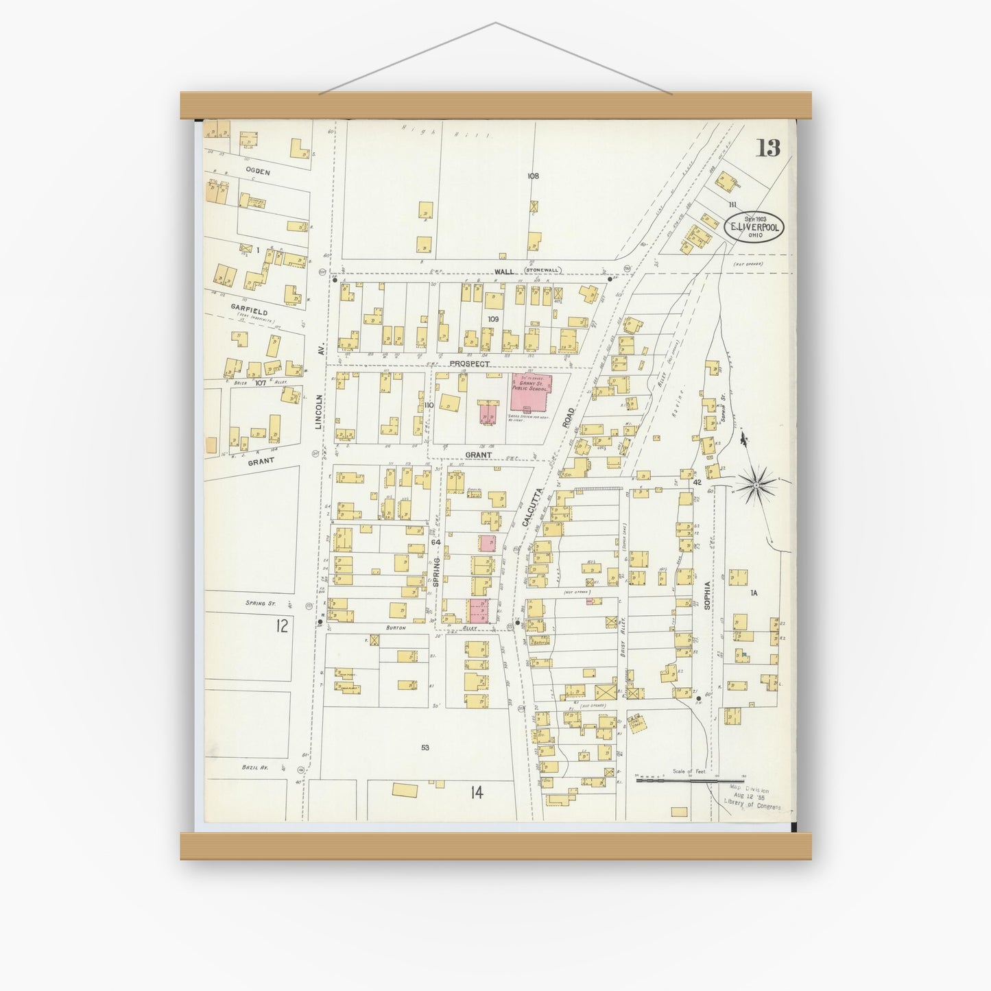 Old map wall art mockup — magnetic wood frame on white wall — Sanborn Fire Insurance Map from East Liverpool, Columbiana County, Ohio (1903), Sheet #0013