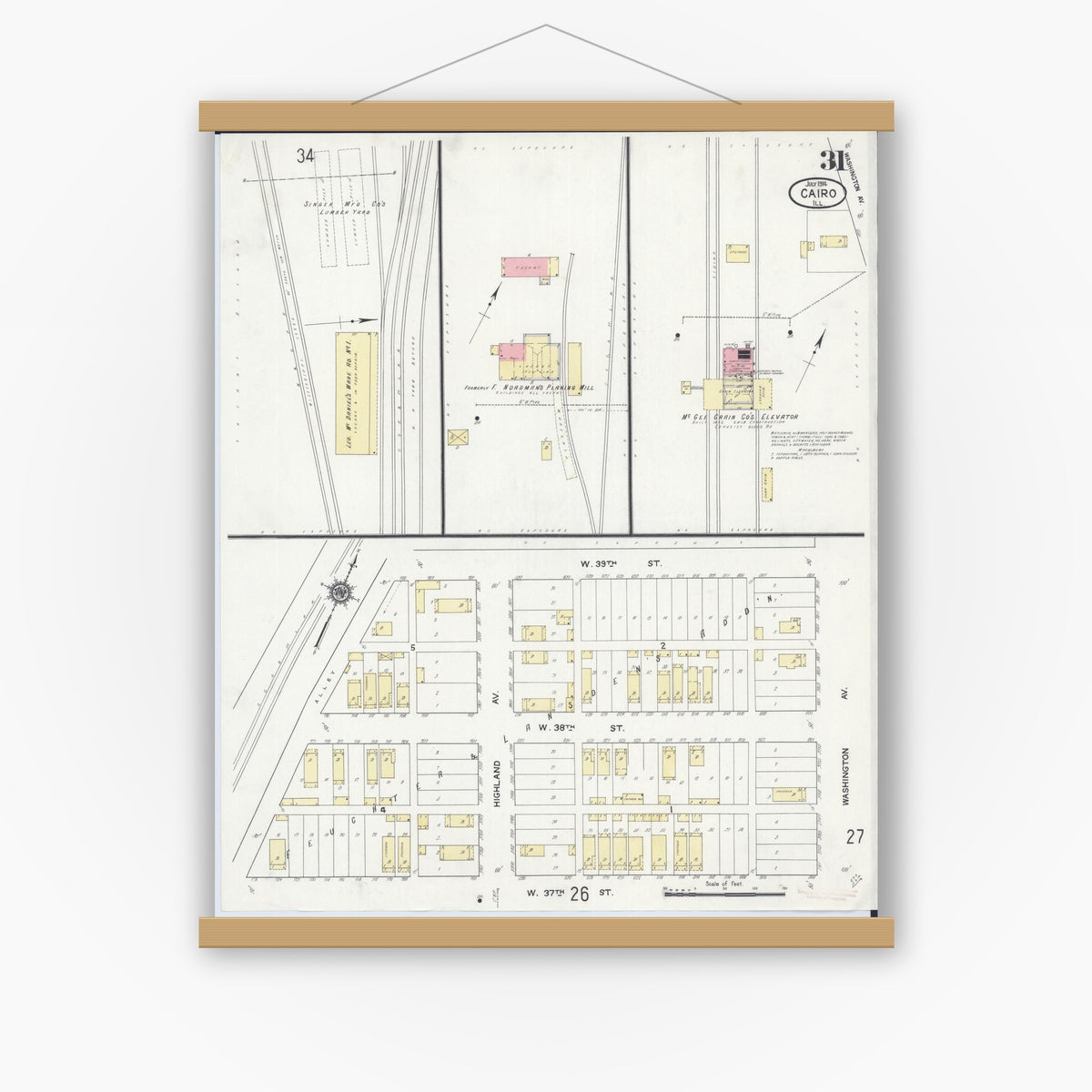 Old map wall art mockup — magnetic wood frame on white wall — Sanborn Fire Insurance Map from Cairo, Alexander County, Illinois (1914), Sheet #0031