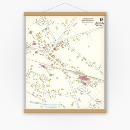 Old map wall art mockup — magnetic wood frame on white wall — Sanborn Fire Insurance Map from Bridgewater, Plymouth County, Massachusetts (1921), Sheet #0019