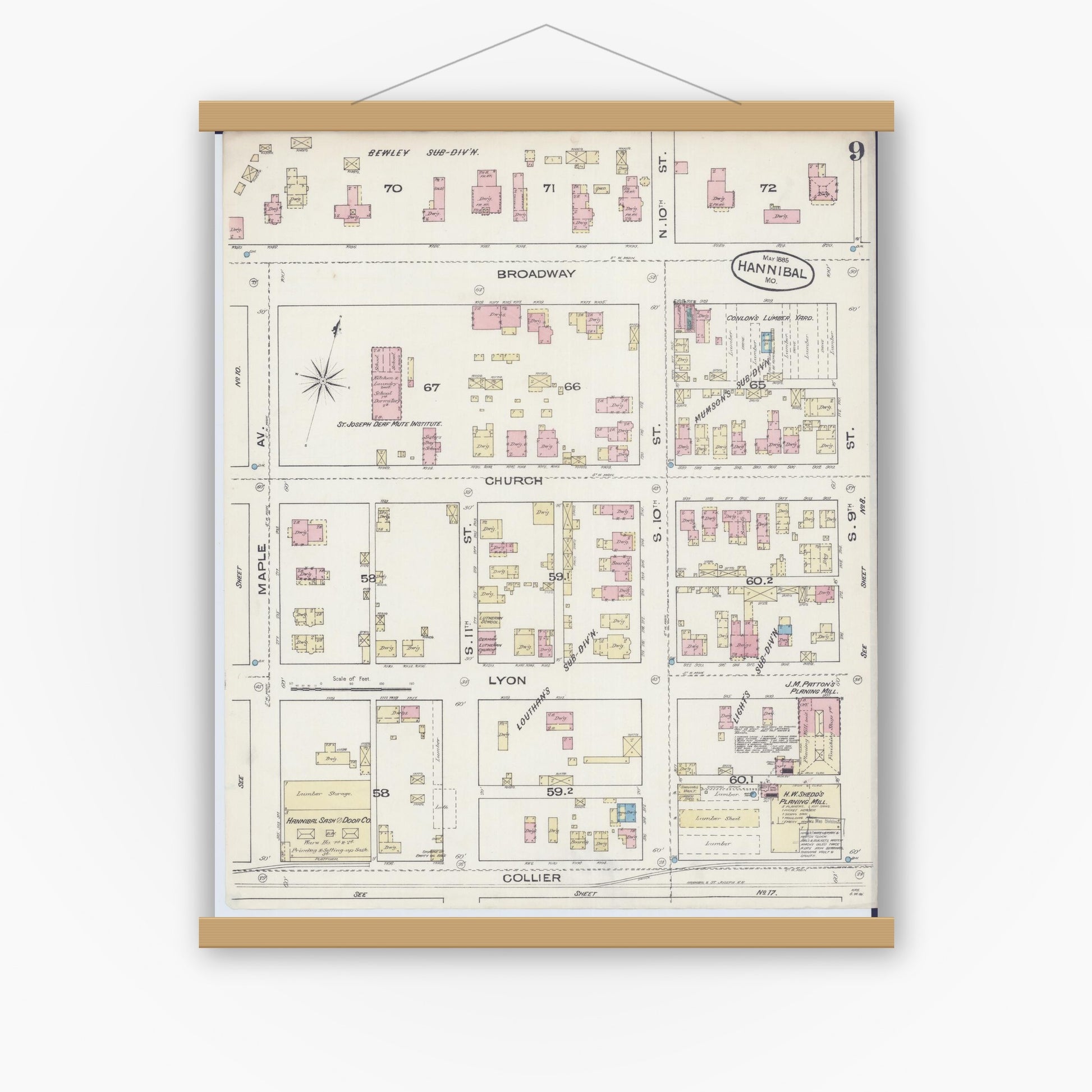 Old map wall art mockup — magnetic wood frame on white wall — Sanborn Fire Insurance Map from Hannibal, Marion County, Missouri (1885), Sheet #0009
