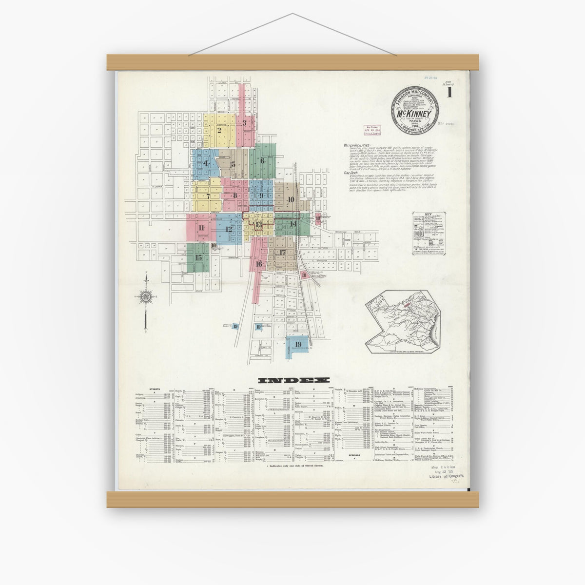 Old map wall art mockup — magnetic wood frame on white wall — Sanborn Fire Insurance Map from McKinney, Collin County, Texas (1914) - Complete Map Set