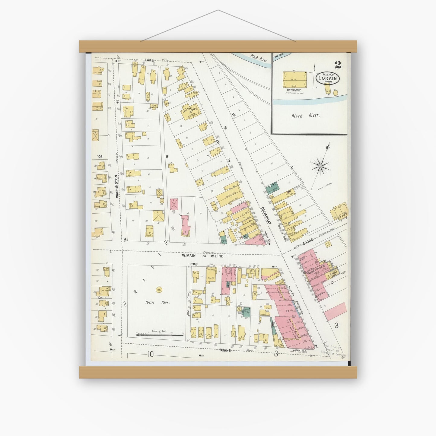 Old map wall art mockup — magnetic wood frame on white wall — Sanborn Fire Insurance Map from Lorain, Lorain County, Ohio (1900), Sheet #0002