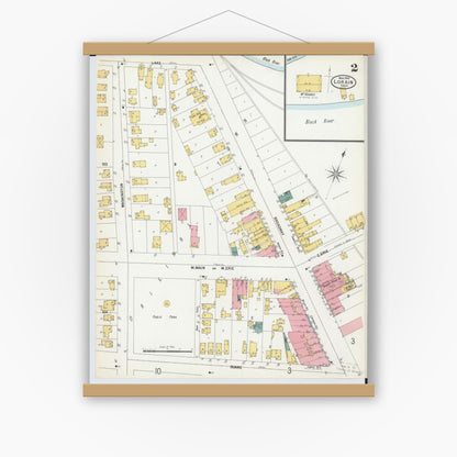 Old map wall art mockup — magnetic wood frame on white wall — Sanborn Fire Insurance Map from Lorain, Lorain County, Ohio (1900), Sheet #0002