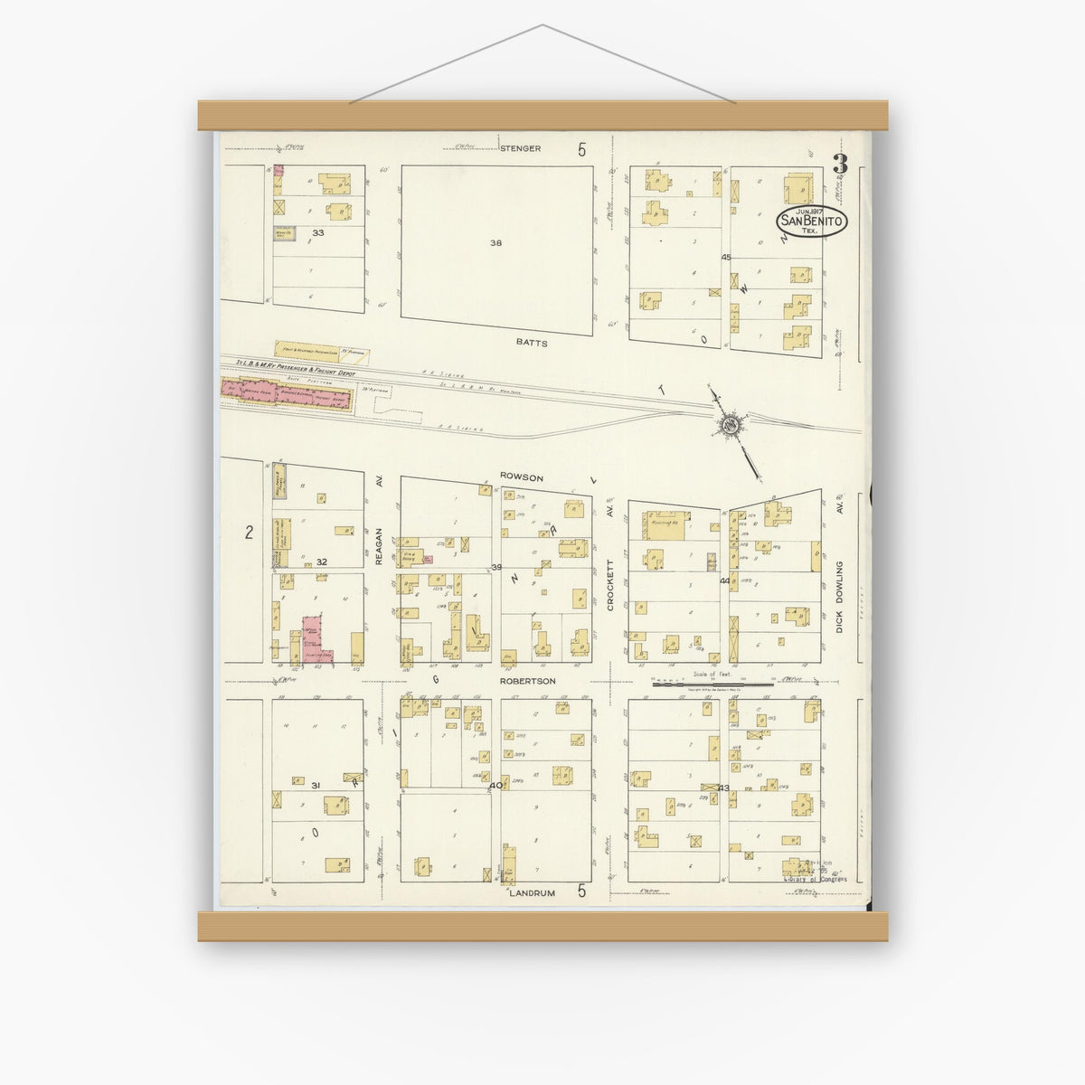 Old map wall art mockup — magnetic wood frame on white wall — Sanborn Fire Insurance Map from San Benito, Cameron County, Texas (1917), Sheet #0003