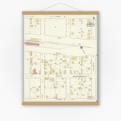 Old map wall art mockup — magnetic wood frame on white wall — Sanborn Fire Insurance Map from San Benito, Cameron County, Texas (1917), Sheet #0003
