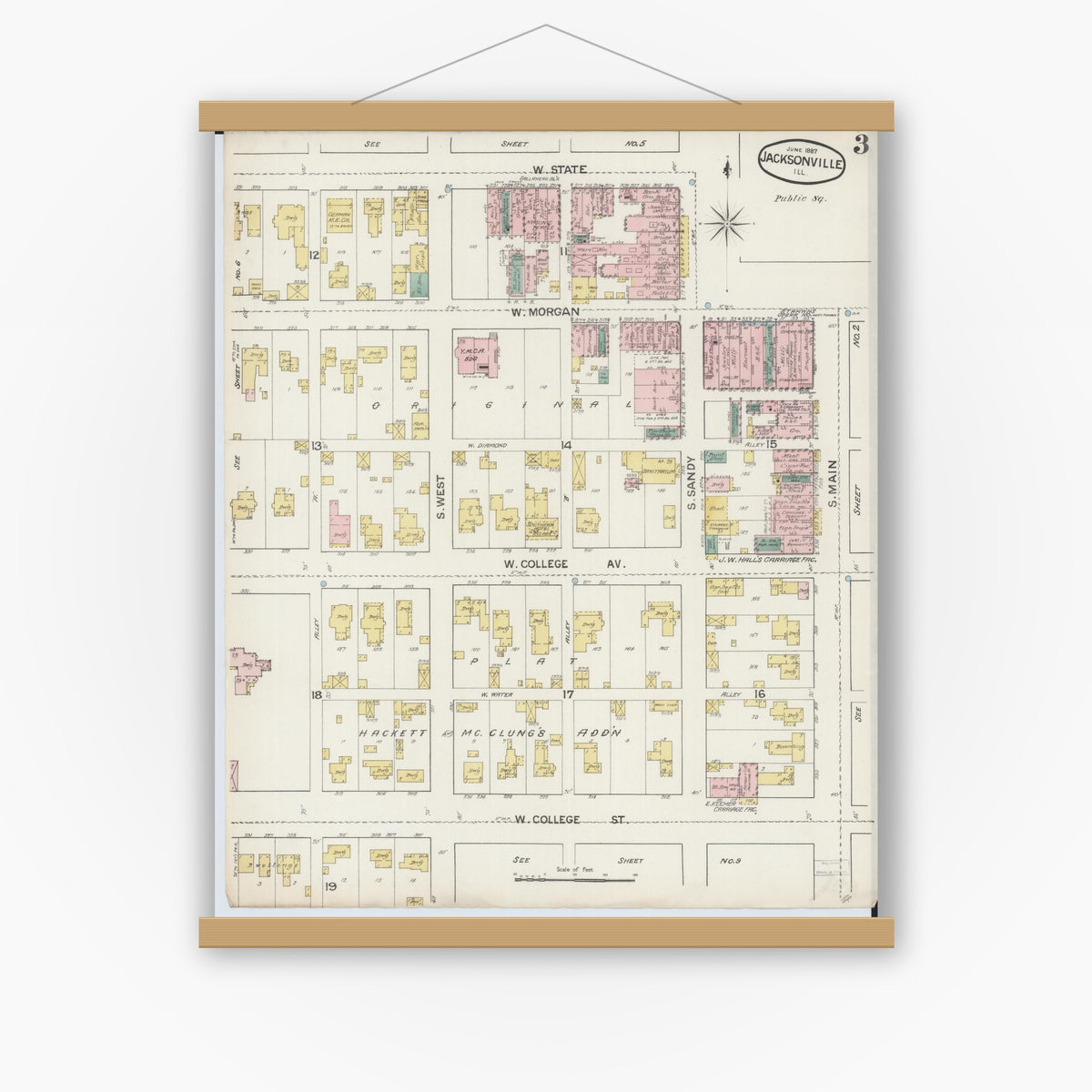 Old map wall art mockup — magnetic wood frame on white wall — Sanborn Fire Insurance Map from Jacksonville, Morgan County, Illinois (1887), Sheet #0003