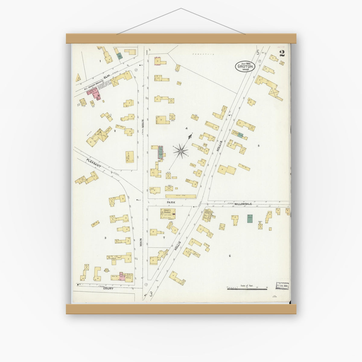 Old map wall art mockup — magnetic wood frame on white wall — Sanborn Fire Insurance Map from Groton, Middlesex County, Massachusetts (1906), Sheet #0002
