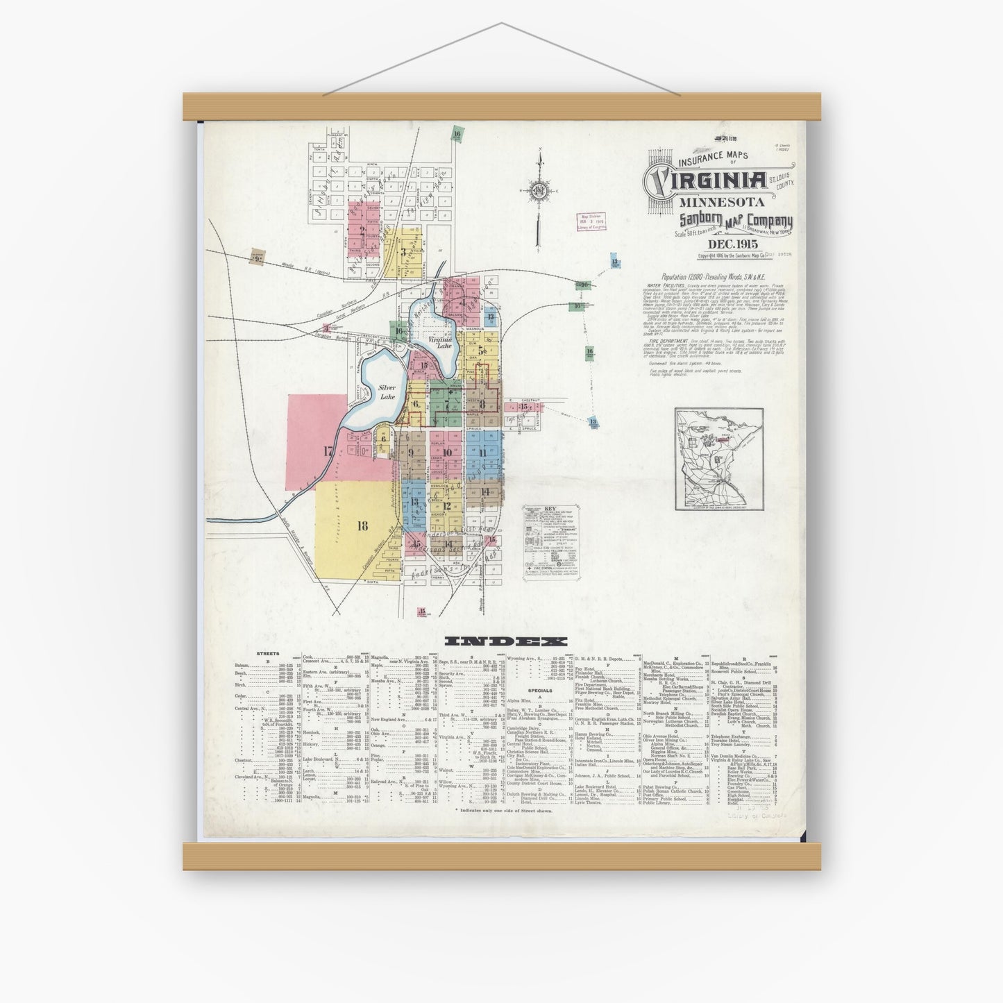 Old map wall art mockup — magnetic wood frame on white wall — Sanborn Fire Insurance Map from Virginia, Saint Louis County, Minnesota (1915) - Complete Map Set