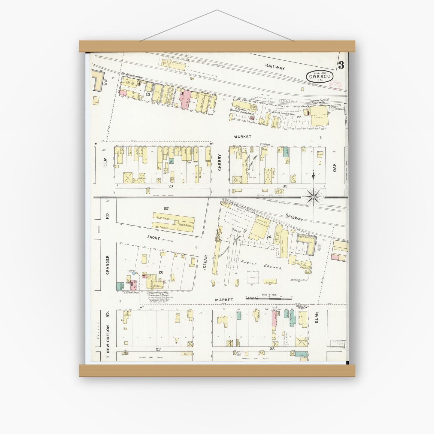 Old map wall art mockup — magnetic wood frame on white wall — Sanborn Fire Insurance Map from Cresco, Howard County, Iowa (1894), Sheet #0003