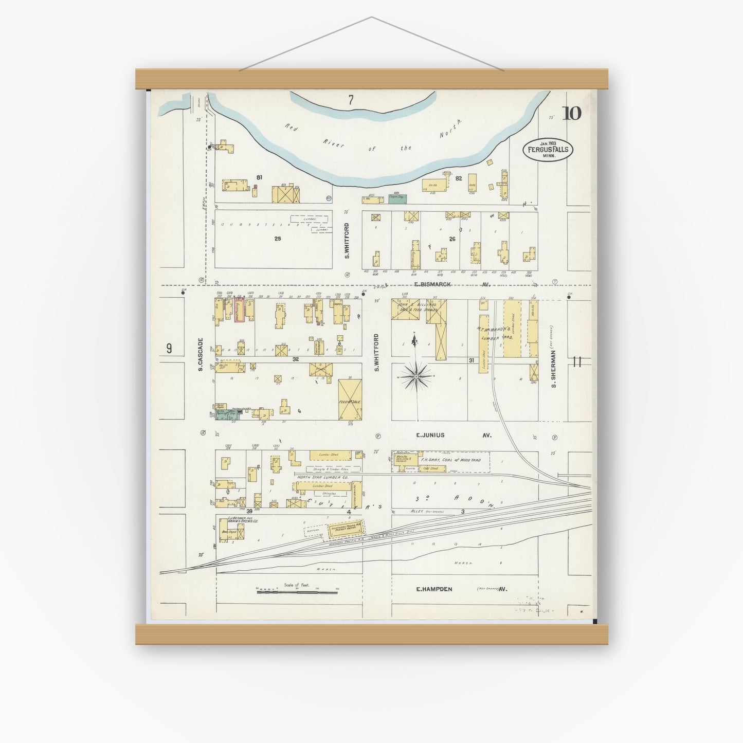 Old map wall art mockup — magnetic wood frame on white wall — Sanborn Fire Insurance Map from Fergus Falls, Otter Tail County, Minnesota (1903), Sheet #0010