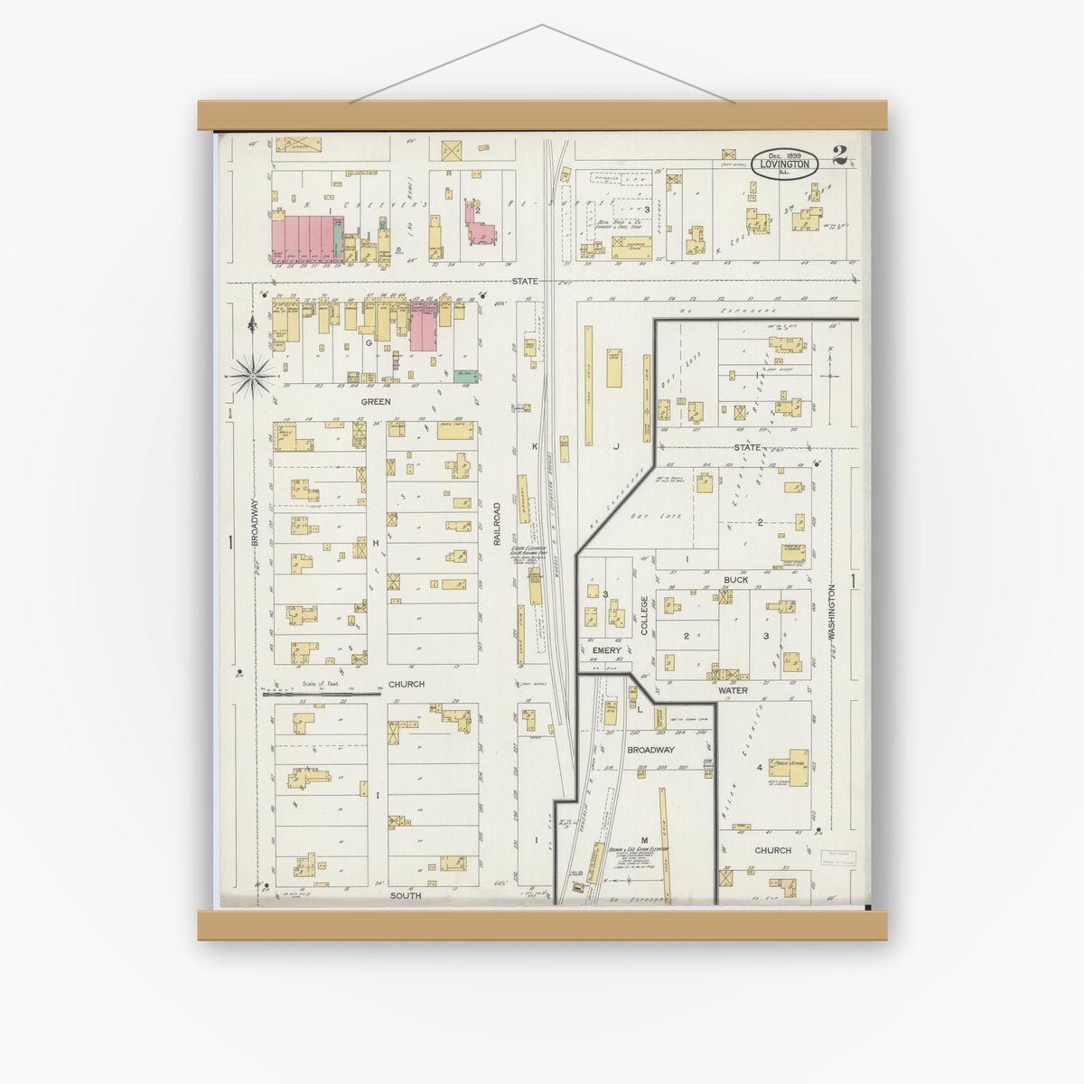 Old map wall art mockup — magnetic wood frame on white wall — Sanborn Fire Insurance Map from Lovington, Moultrie County, Illinois (1899), Sheet #0002