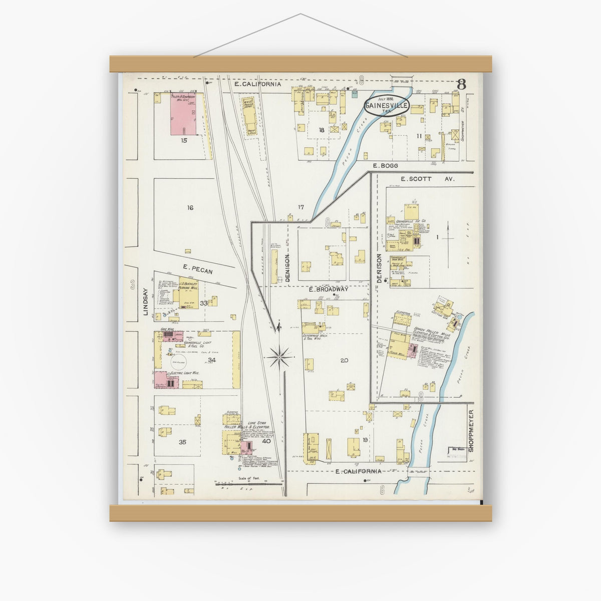 Old map wall art mockup — magnetic wood frame on white wall — Sanborn Fire Insurance Map from Gainesville, Cooke County, Texas (1892), Sheet #0008