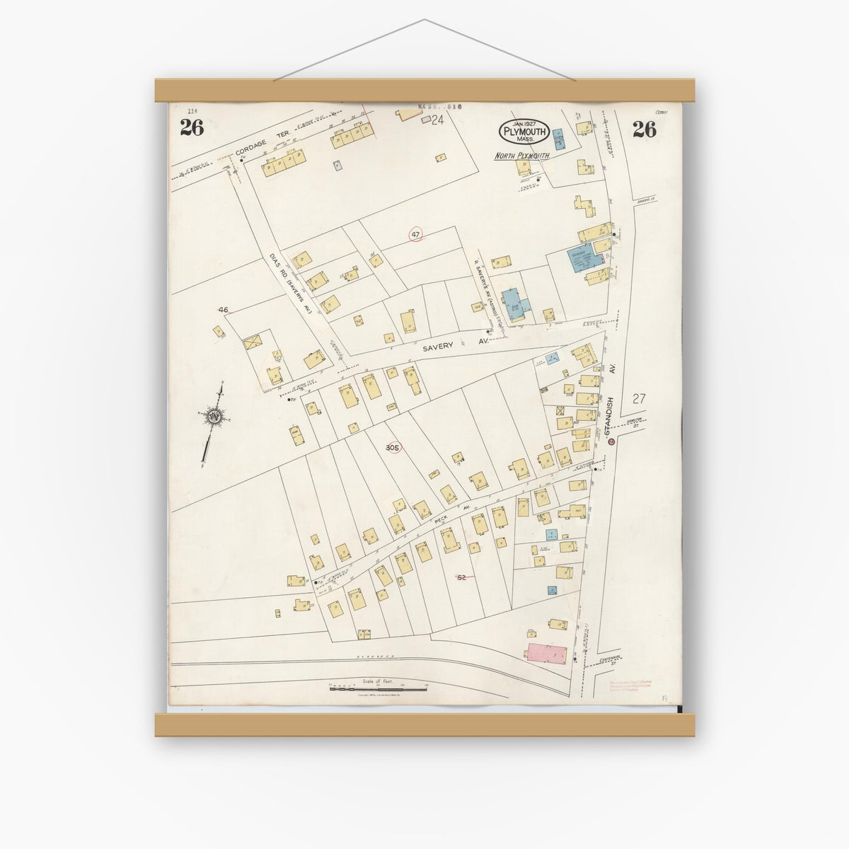 Old map wall art mockup — magnetic wood frame on white wall — Sanborn Fire Insurance Map from Plymouth, Plymouth County, Massachusetts (1948), Sheet #0026