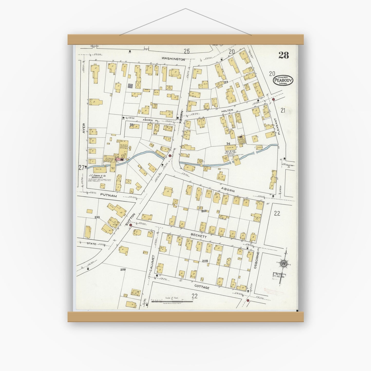 Old map wall art mockup — magnetic wood frame on white wall — Sanborn Fire Insurance Map from Peabody, Essex County, Massachusetts (1920), Sheet #0028