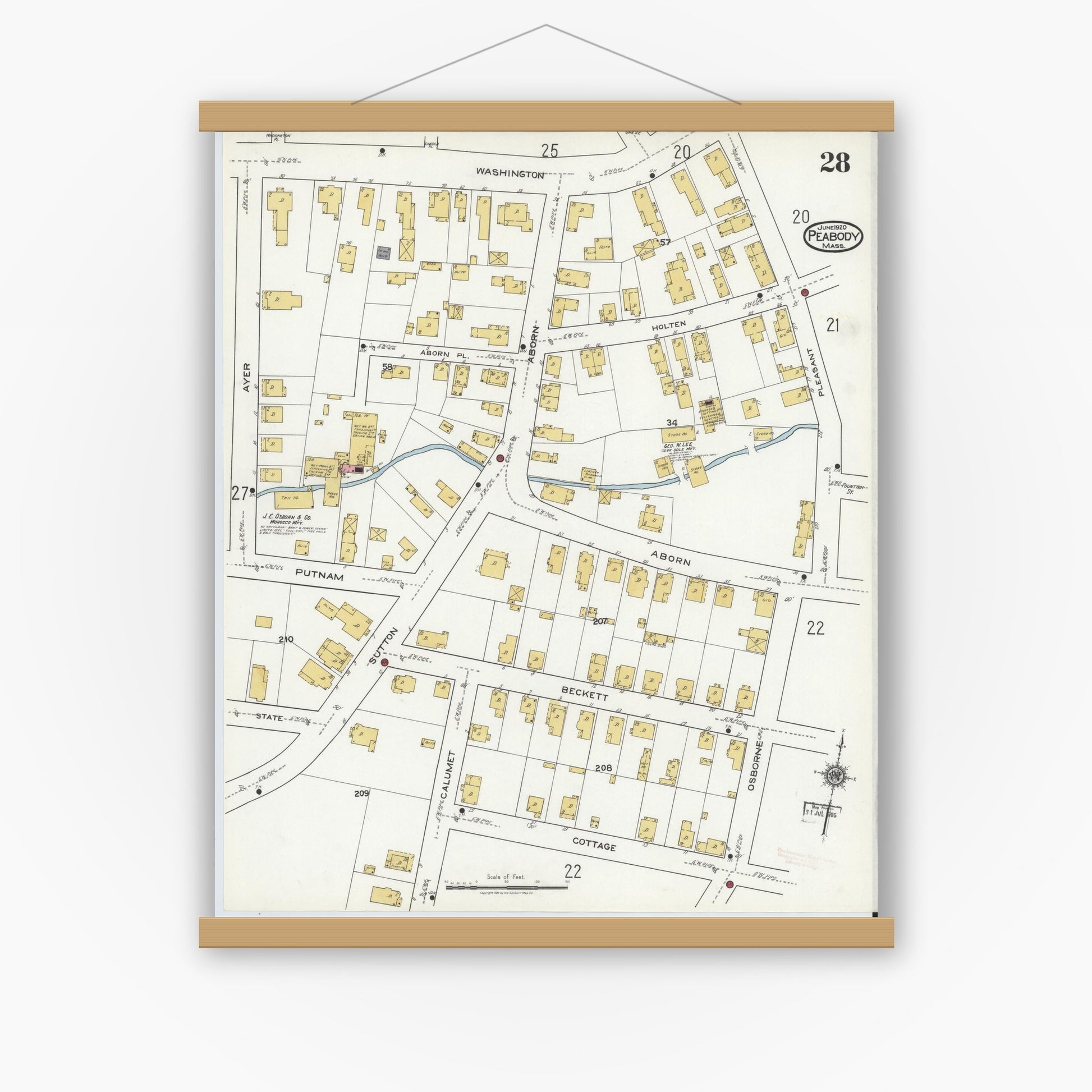 Old map wall art mockup — magnetic wood frame on white wall — Sanborn Fire Insurance Map from Peabody, Essex County, Massachusetts (1920), Sheet #0028