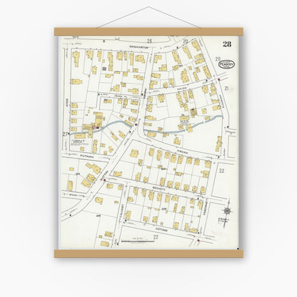 Old map wall art mockup — magnetic wood frame on white wall — Sanborn Fire Insurance Map from Peabody, Essex County, Massachusetts (1920), Sheet #0028
