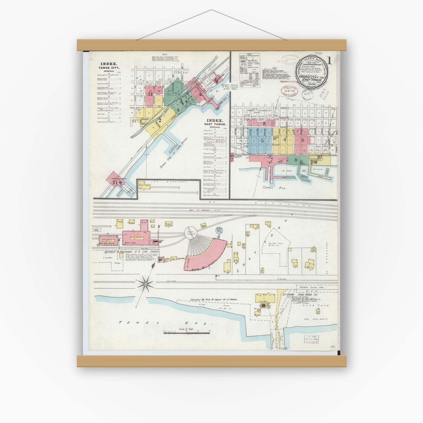 Old map wall art mockup — magnetic wood frame on white wall — Sanborn Fire Insurance Map from East Tawas, Iosco County, Michigan (1898), Sheet #0001