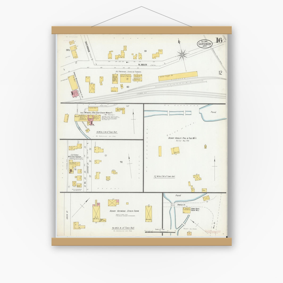 Old map wall art mockup — magnetic wood frame on white wall — Sanborn Fire Insurance Map from Gardner, Worcester County, Massachusetts (1900), Sheet #0016