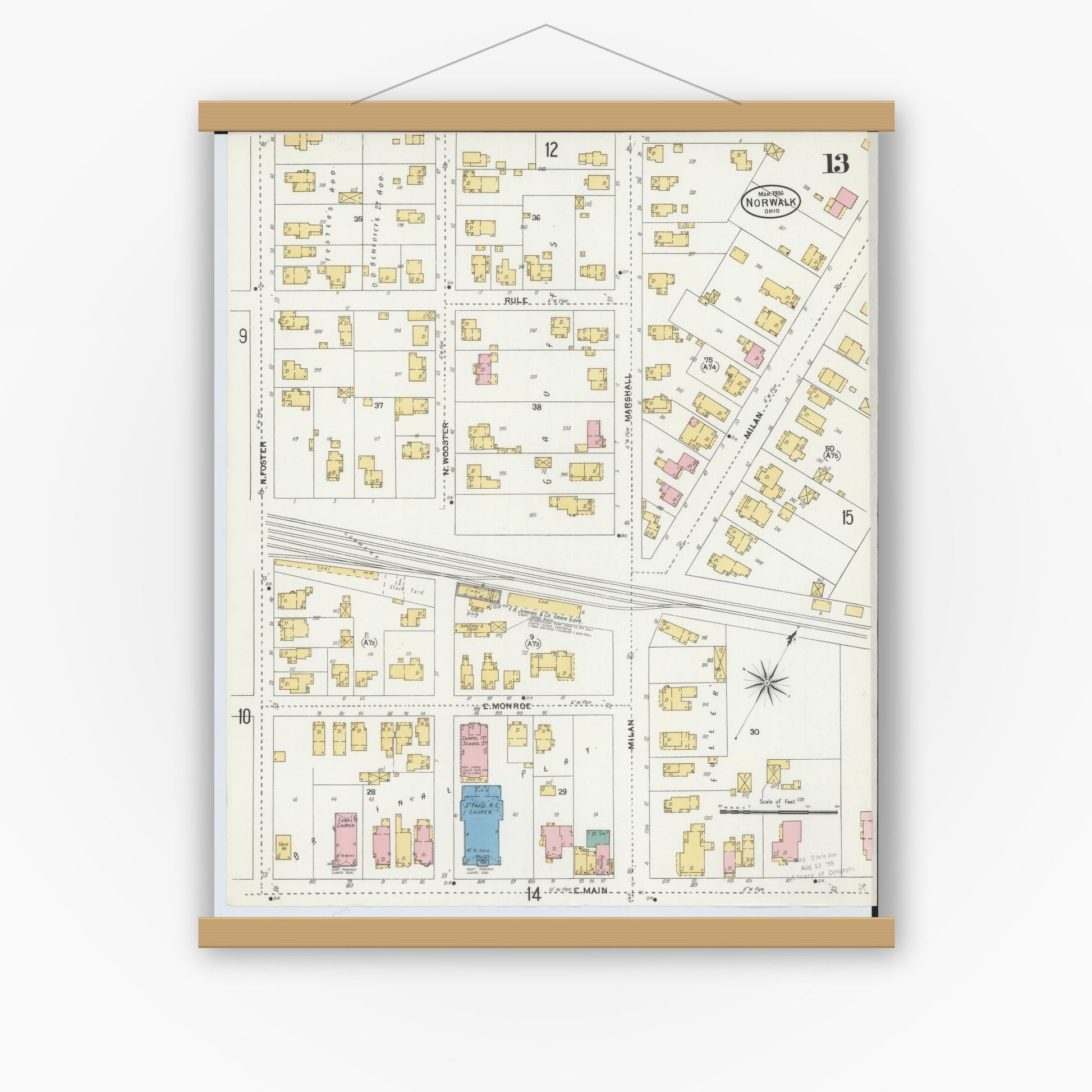 Old map wall art mockup — magnetic wood frame on white wall — Sanborn Fire Insurance Map from Norwalk, Huron County, Ohio (1906), Sheet #0013