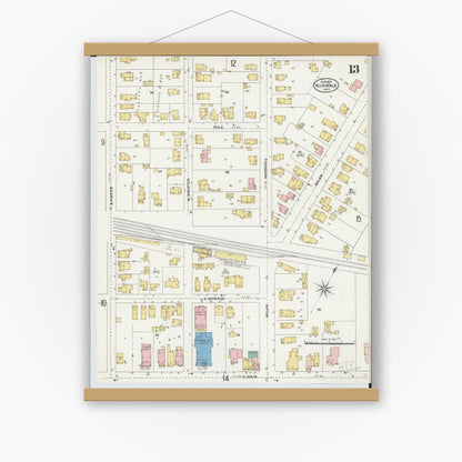 Old map wall art mockup — magnetic wood frame on white wall — Sanborn Fire Insurance Map from Norwalk, Huron County, Ohio (1906), Sheet #0013