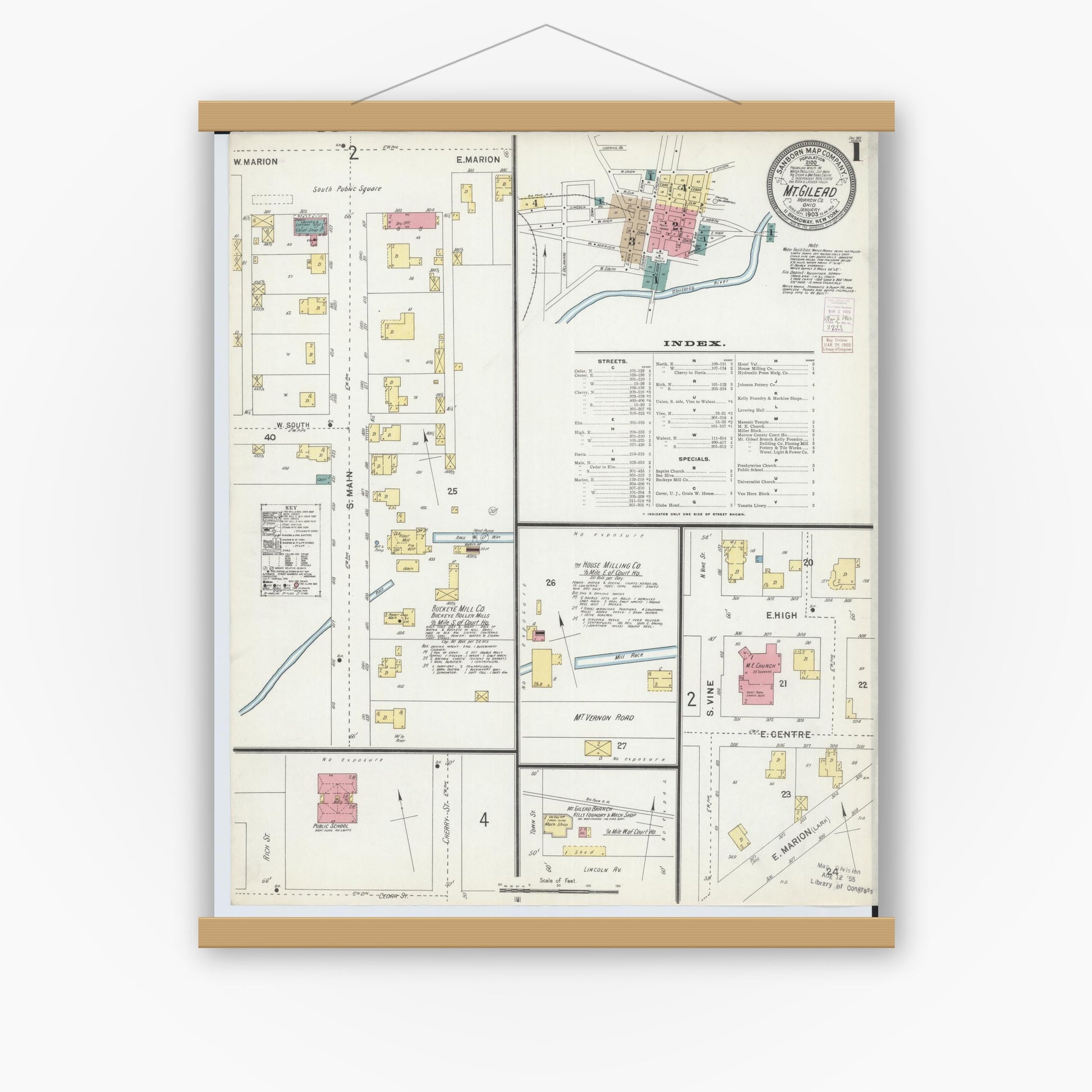 Old map wall art mockup — magnetic wood frame on white wall — Sanborn Fire Insurance Map from Mount Gilead, Morrow County, Ohio (1903) - Complete Map Set
