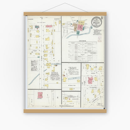 Old map wall art mockup — magnetic wood frame on white wall — Sanborn Fire Insurance Map from Mount Gilead, Morrow County, Ohio (1903) - Complete Map Set